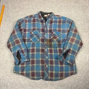 Outdoor Exchange Mens Quilted Flannel Shirt Jacket Blue Plaid Workwear Distress